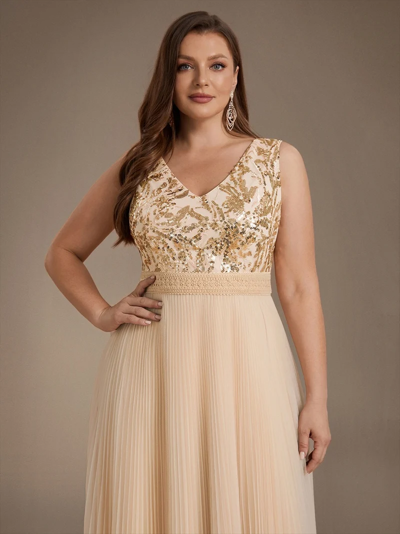 Robe longue en tulle à paillettes avec col V et bordure en dentelle