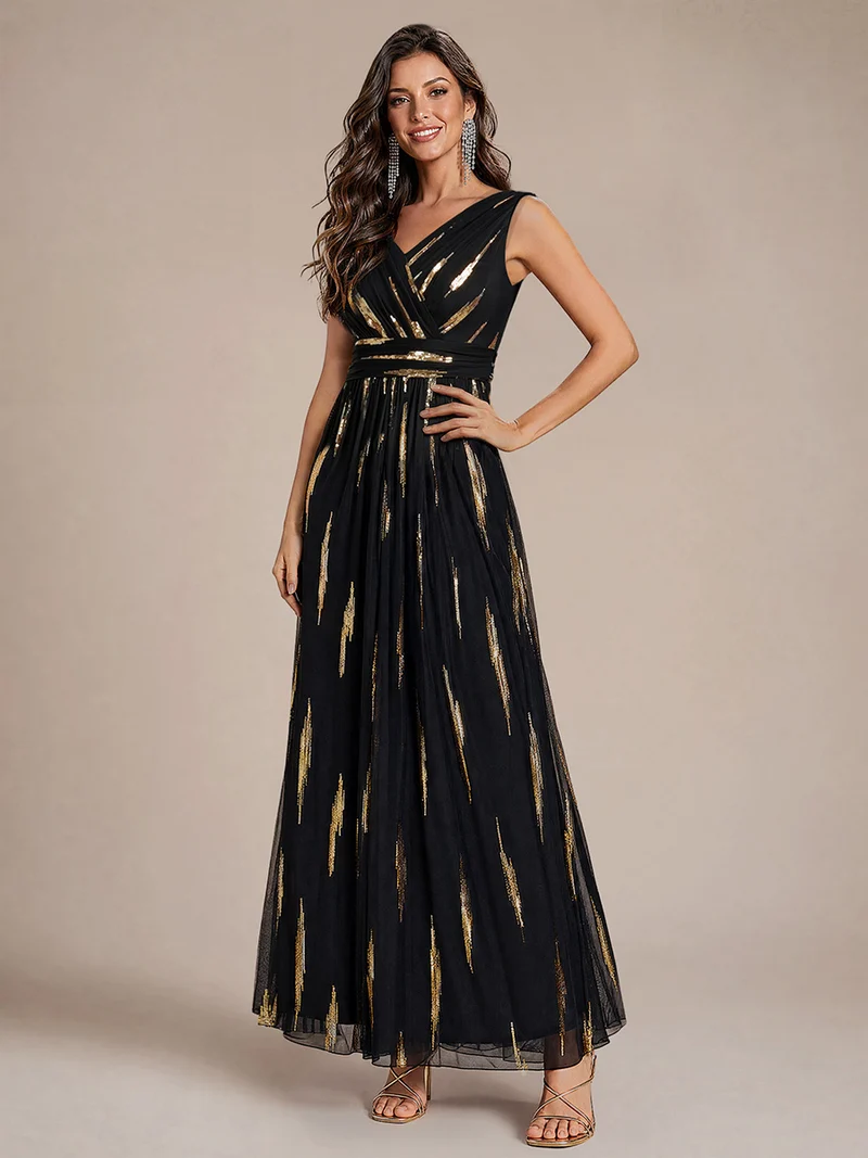 Robe longue sans manches en tulle à paillettes drapé
