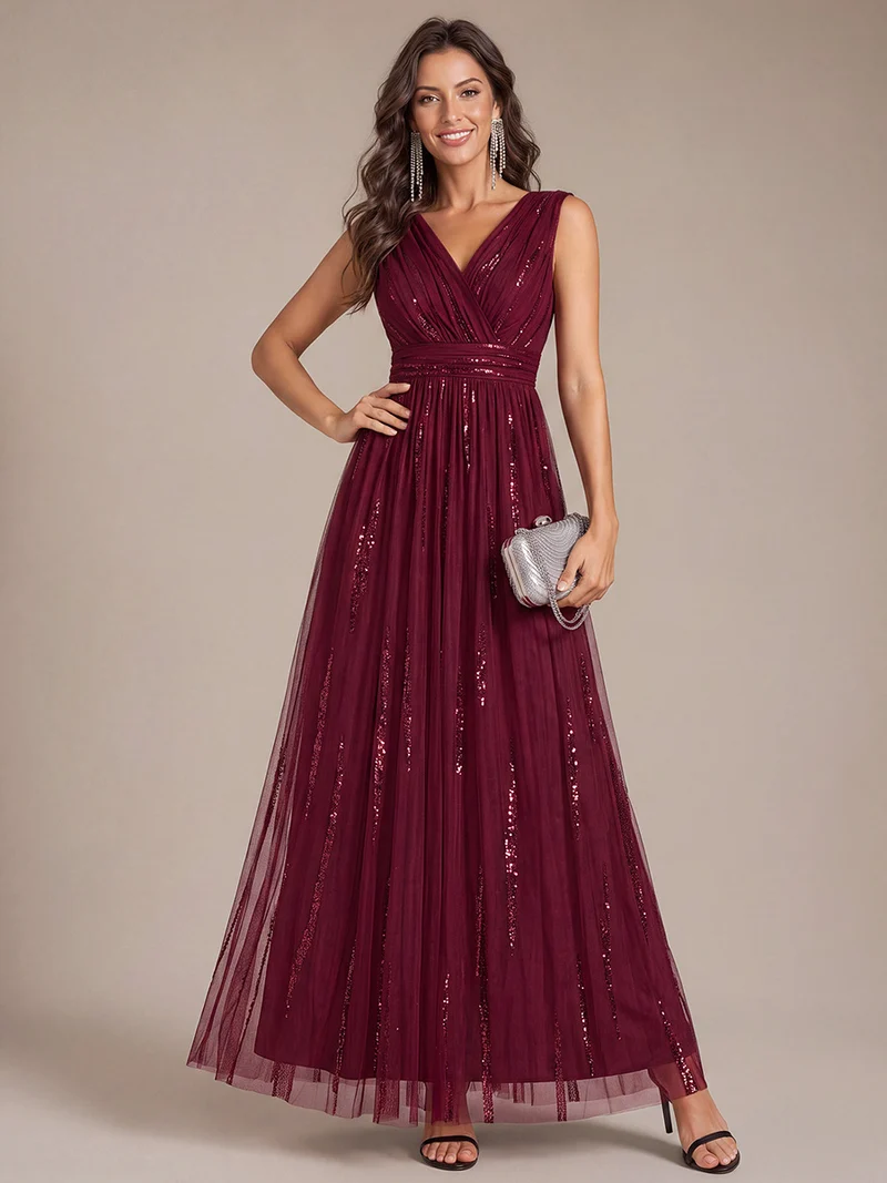 Robe longue sans manches en tulle à paillettes drapé