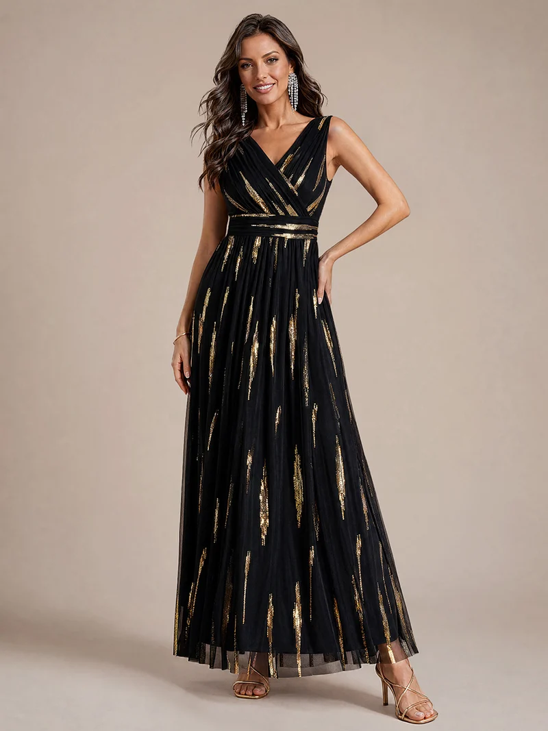 Robe longue sans manches en tulle à paillettes drapé