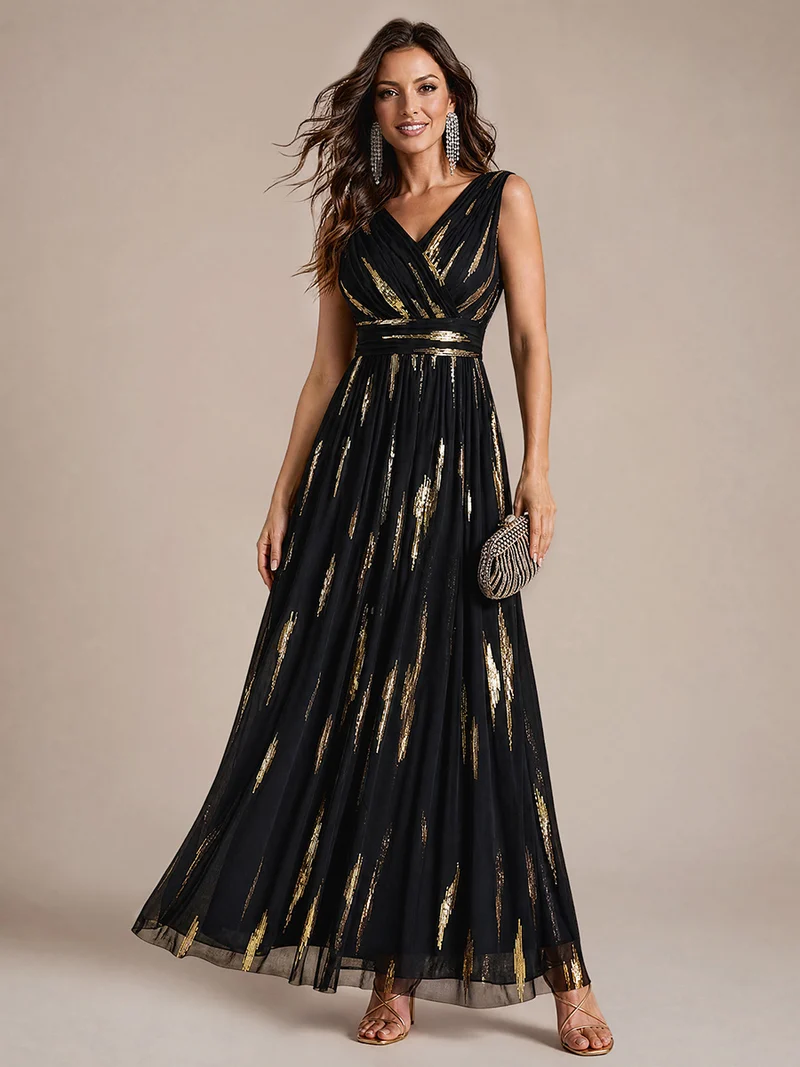 Robe longue sans manches en tulle à paillettes drapé
