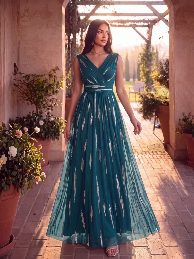 Robe longue sans manches en tulle à paillettes drapé
