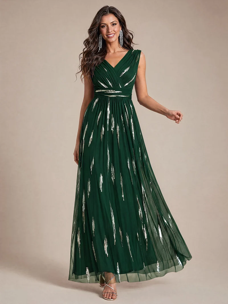Robe longue sans manches en tulle à paillettes drapé