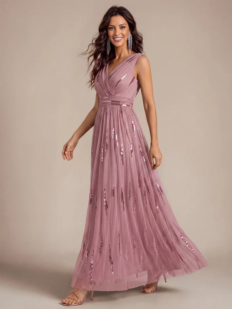 Robe longue sans manches en tulle à paillettes drapé