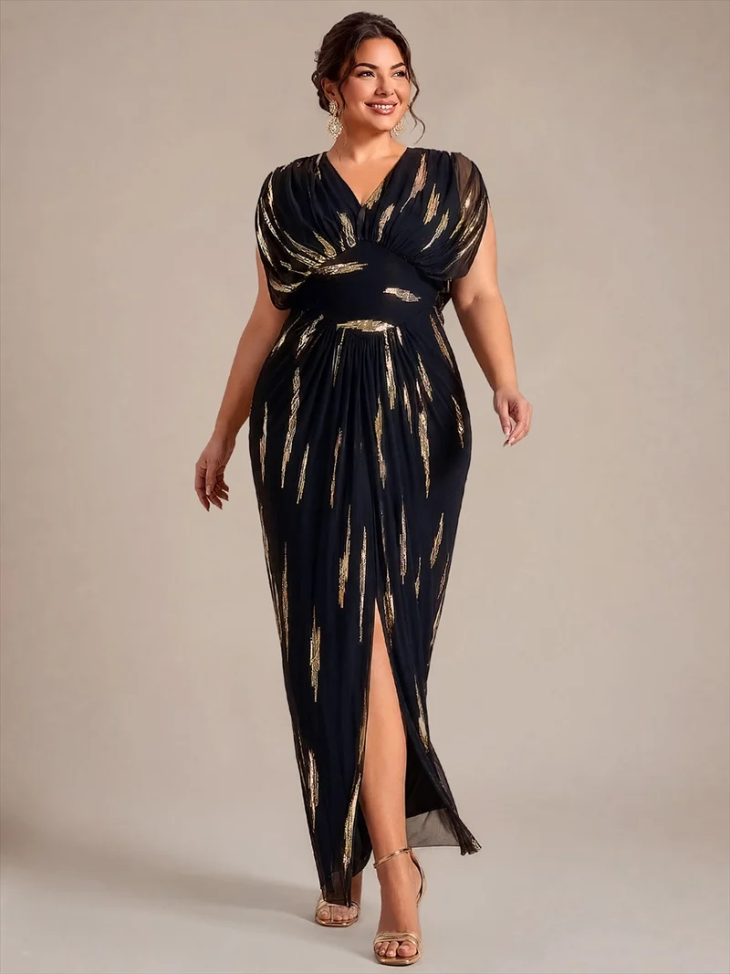 Robe longue en tulle à paillettes avec manches chauve-souris et col V