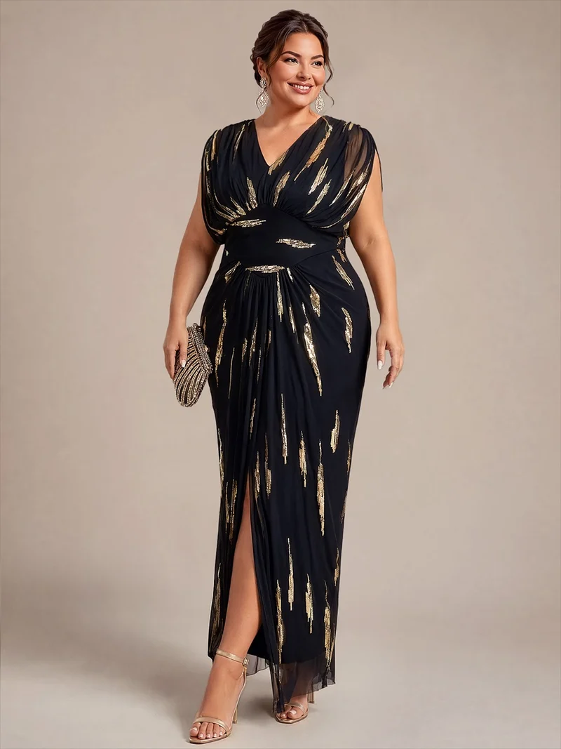 Robe longue en tulle à paillettes avec manches chauve-souris et col V