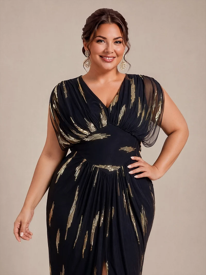 Robe longue en tulle à paillettes avec manches chauve-souris et col V
