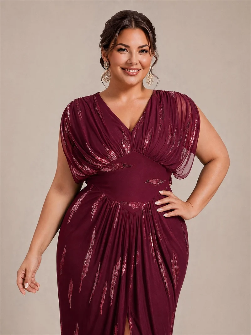 Robe longue en tulle à paillettes avec manches chauve-souris et col V