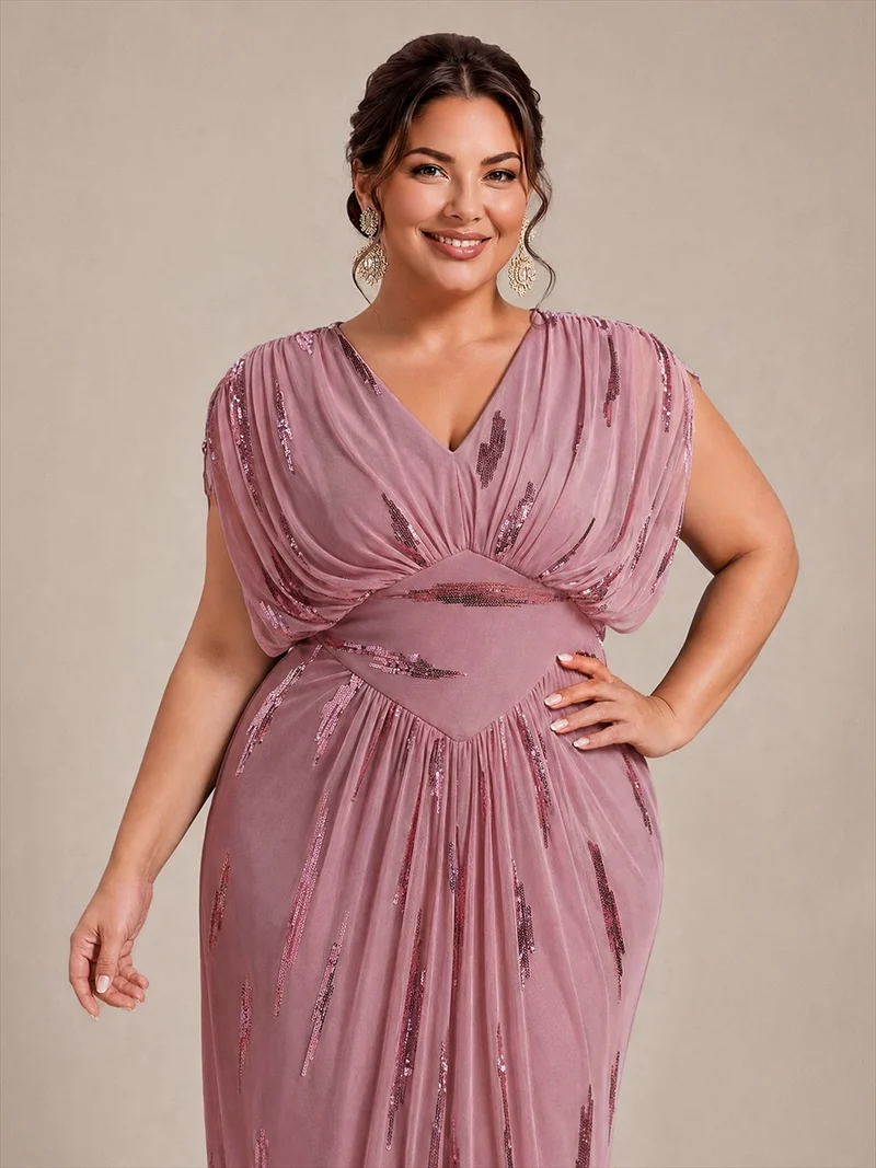 Robe longue en tulle à paillettes avec manches chauve-souris et col V