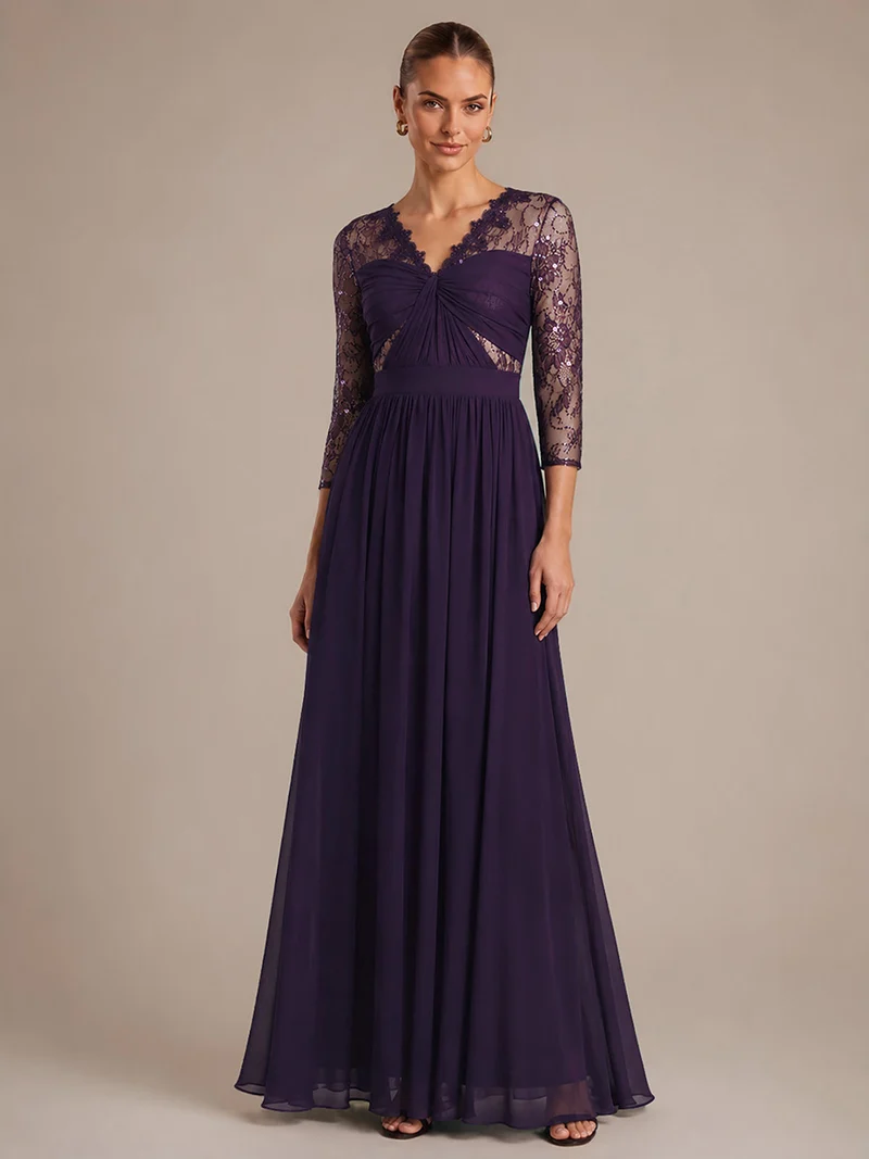 Robe longue en mousseline manches longues avec col V et coupe trapèze
