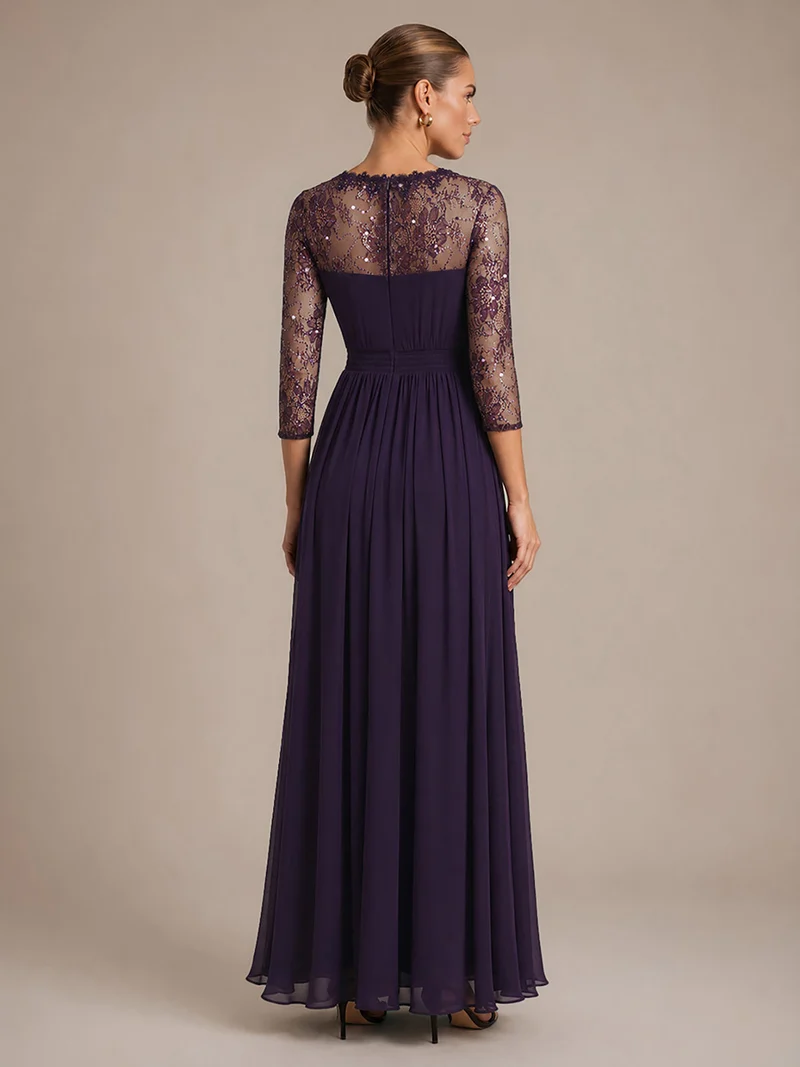 Robe longue en mousseline manches longues avec col V et coupe trapèze