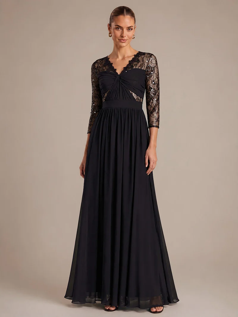 Robe longue en mousseline manches longues avec col V et coupe trapèze
