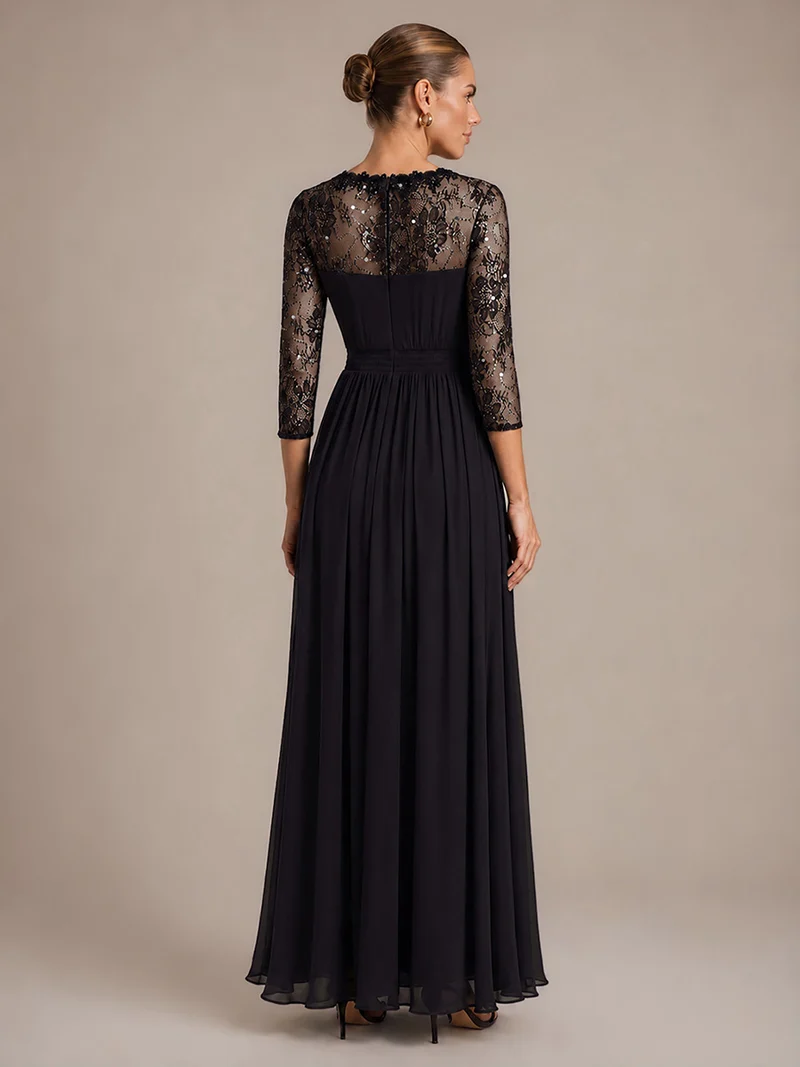 Robe longue en mousseline manches longues avec col V et coupe trapèze