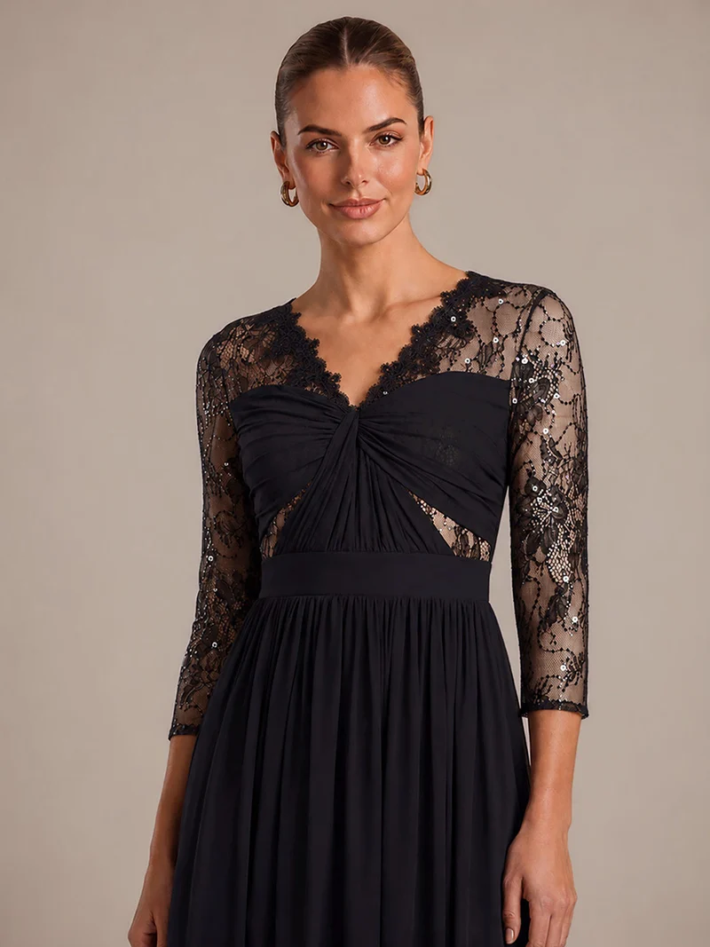Robe longue en mousseline manches longues avec col V et coupe trapèze