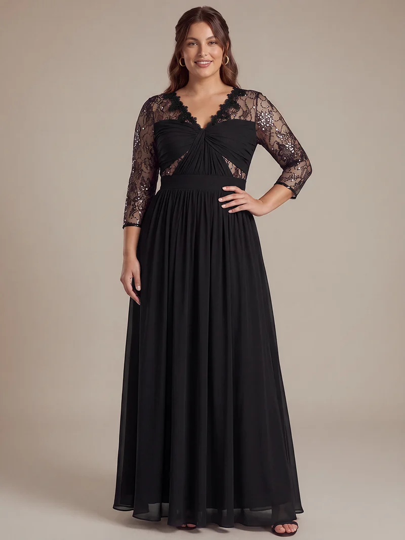 Robe longue en mousseline manches longues avec col V et coupe trapèze