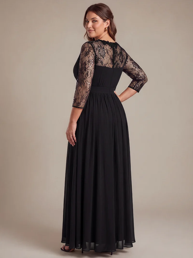 Robe longue en mousseline manches longues avec col V et coupe trapèze