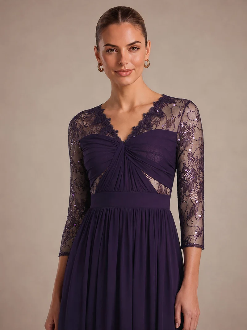 Robe longue en mousseline manches longues avec col V et coupe trapèze