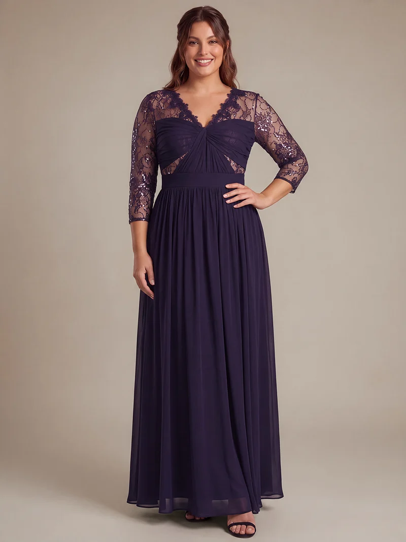 Robe longue en mousseline manches longues avec col V et coupe trapèze