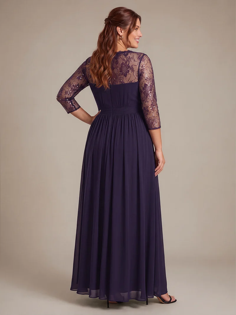 Robe longue en mousseline manches longues avec col V et coupe trapèze