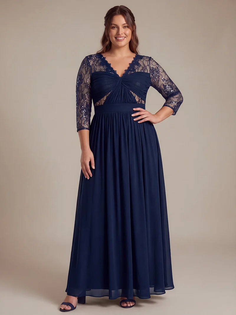 Robe longue en mousseline manches longues avec col V et coupe trapèze