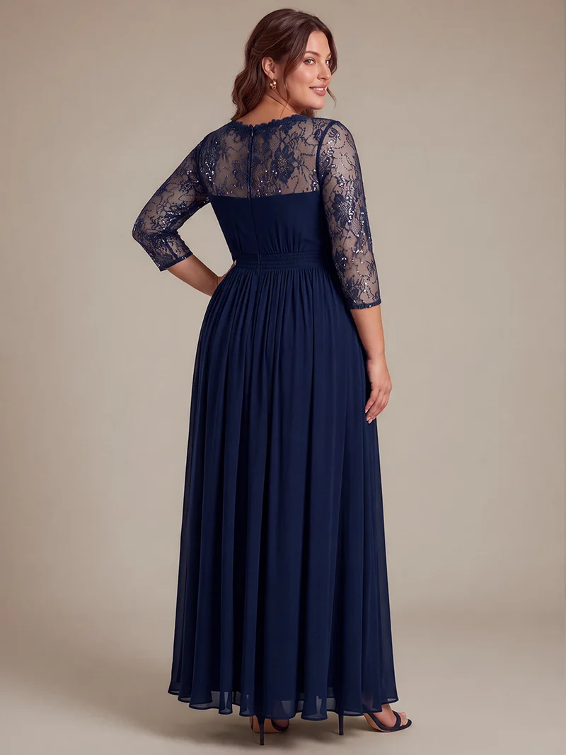 Robe longue en mousseline manches longues avec col V et coupe trapèze