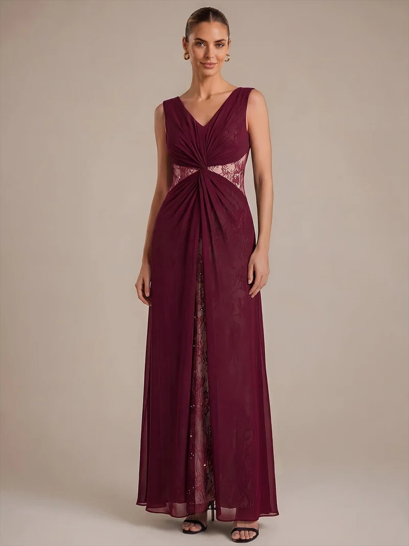 Robe longue en mousseline col V sans manches coupe trapèze