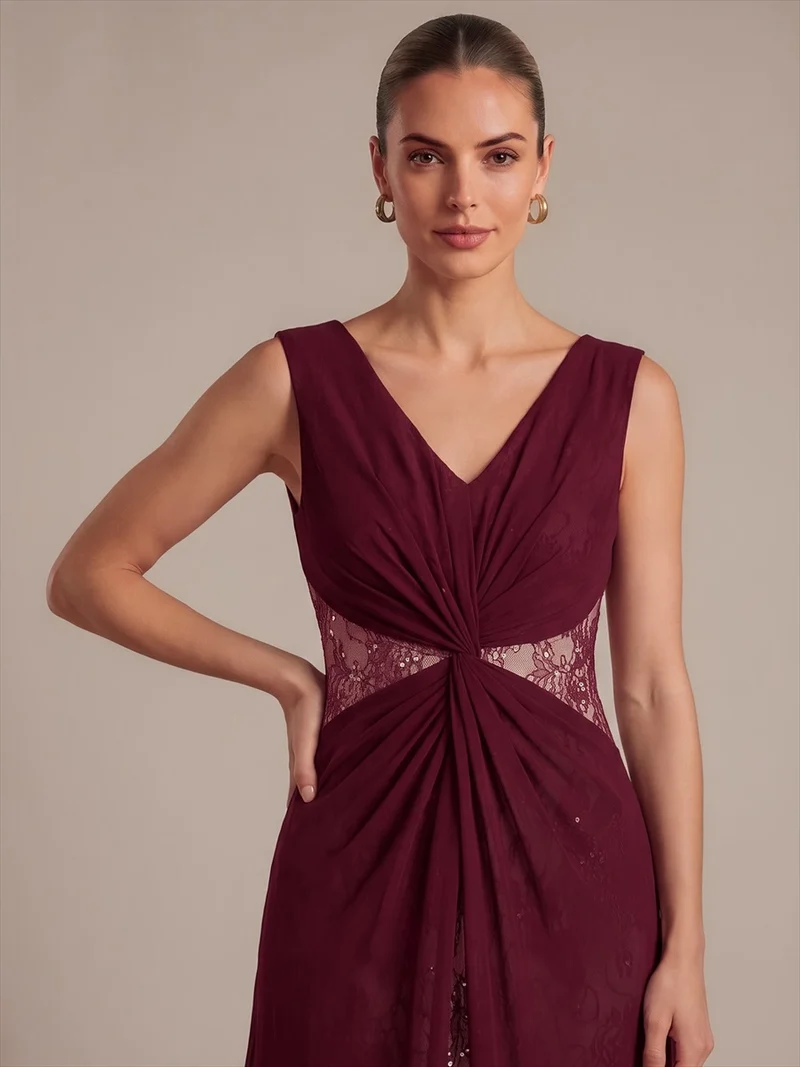 Robe longue en mousseline col V sans manches coupe trapèze