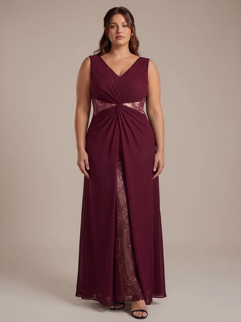 Robe longue en mousseline col V sans manches coupe trapèze