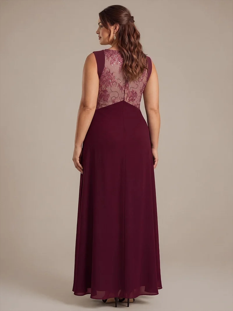 Robe longue en mousseline col V sans manches coupe trapèze