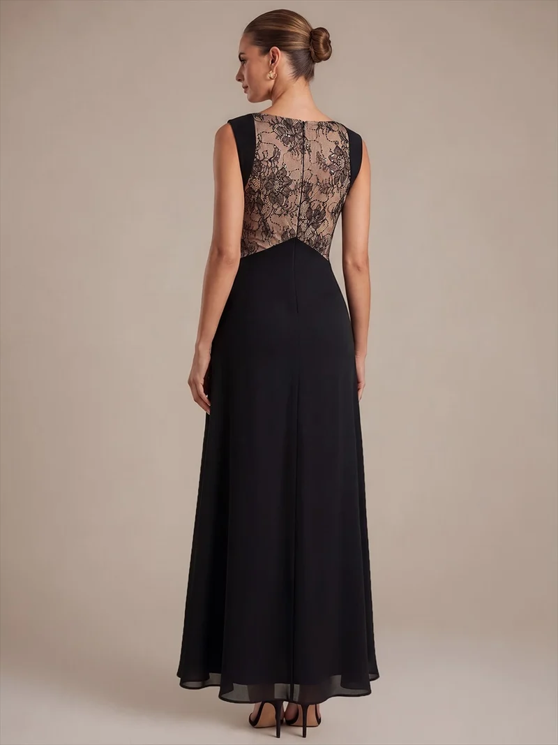 Robe longue en mousseline col V sans manches coupe trapèze