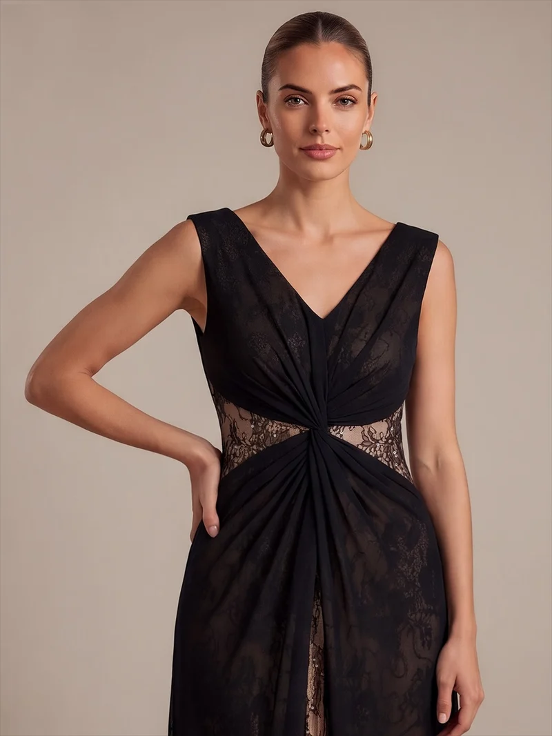 Robe longue en mousseline col V sans manches coupe trapèze