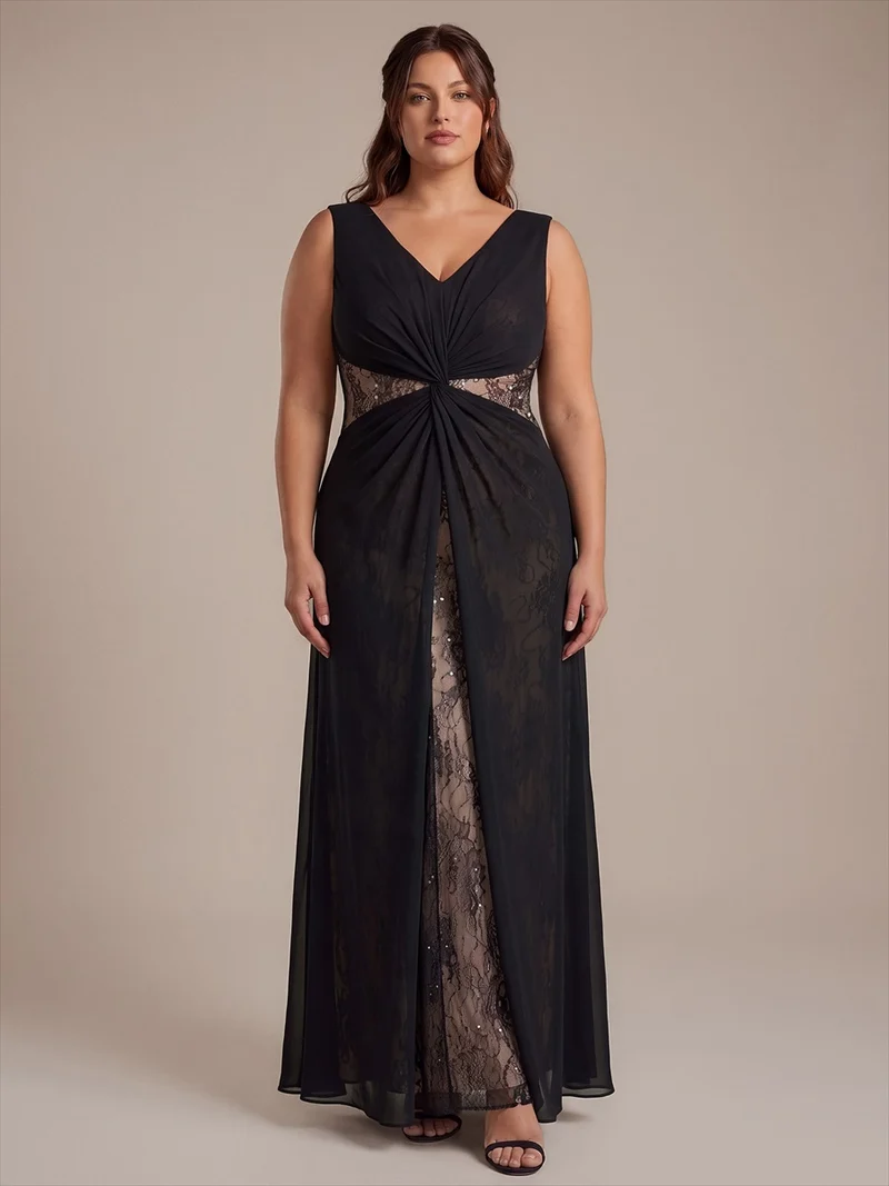 Robe longue en mousseline col V sans manches coupe trapèze