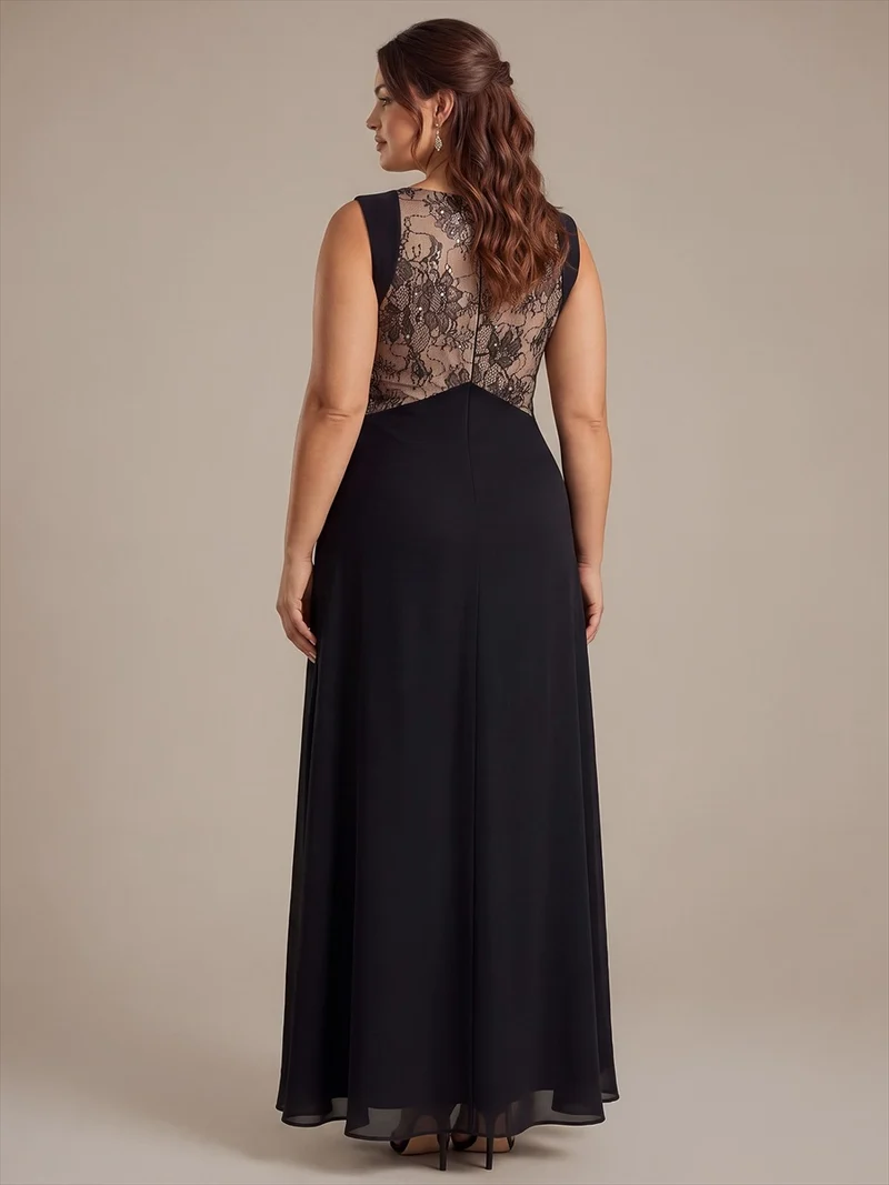 Robe longue en mousseline col V sans manches coupe trapèze