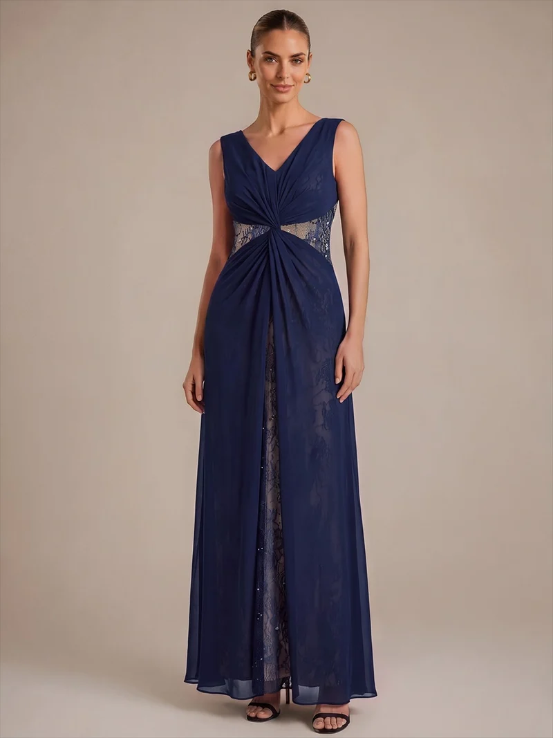 Robe longue en mousseline col V sans manches coupe trapèze