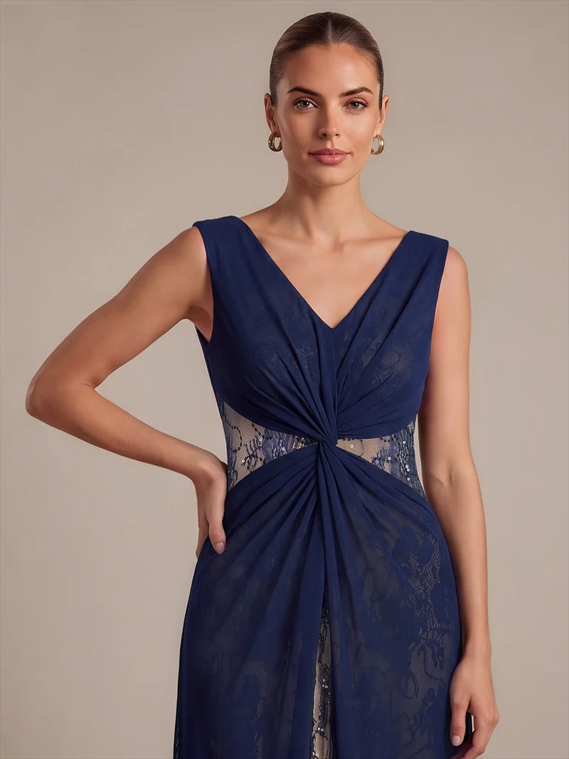 Robe longue en mousseline col V sans manches coupe trapèze