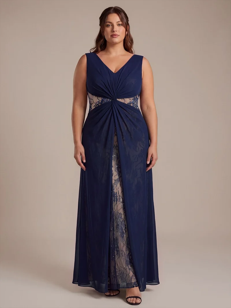 Robe longue en mousseline col V sans manches coupe trapèze