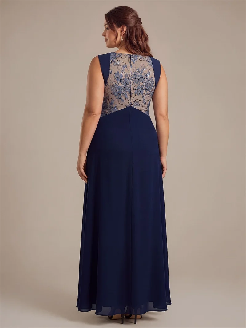Robe longue en mousseline col V sans manches coupe trapèze