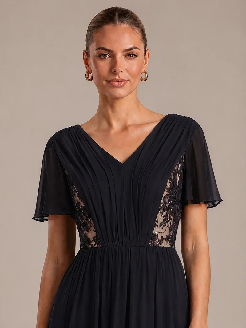 Robe midi plissée en mousseline à manches volantées