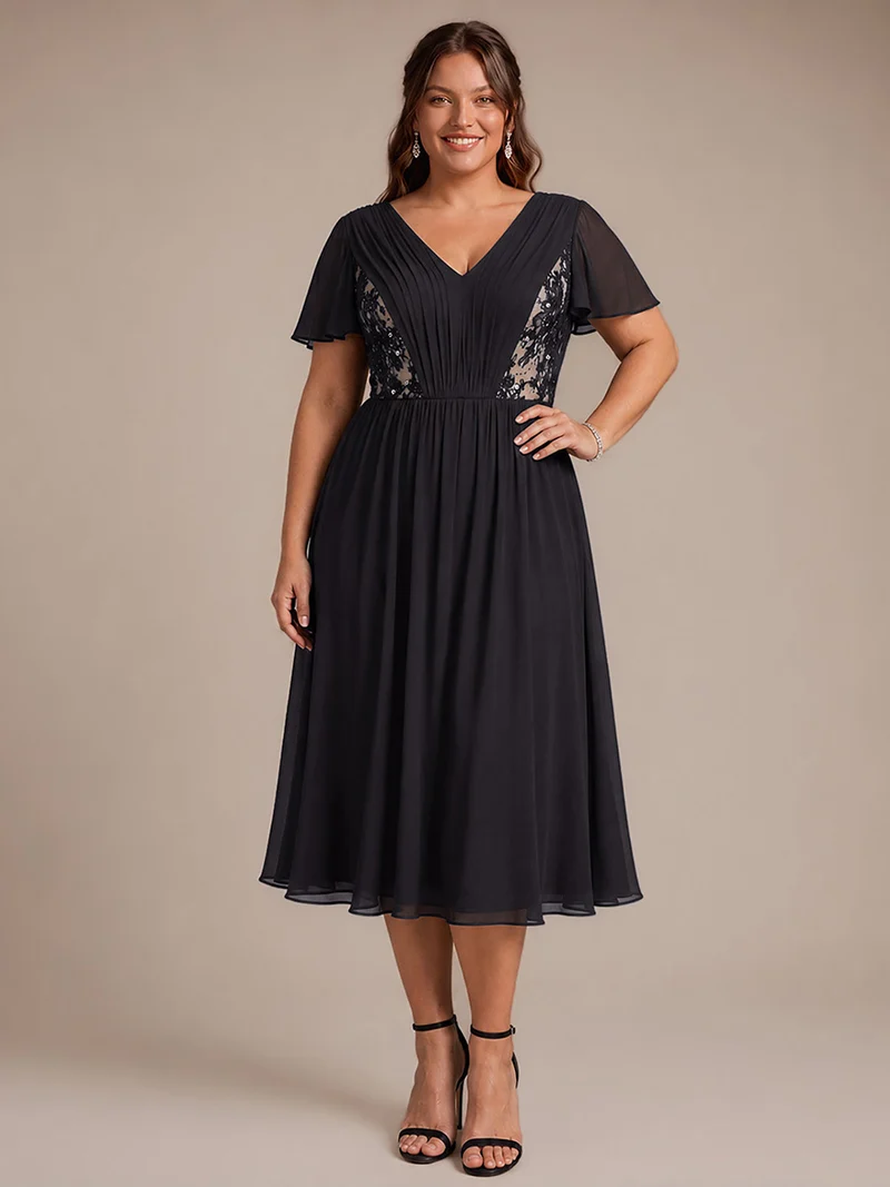 Robe midi plissée en mousseline à manches volantées