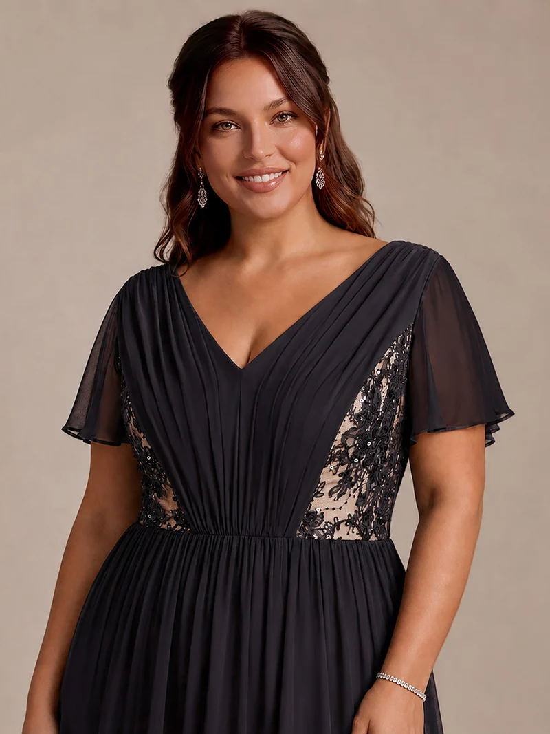 Robe midi plissée en mousseline à manches volantées