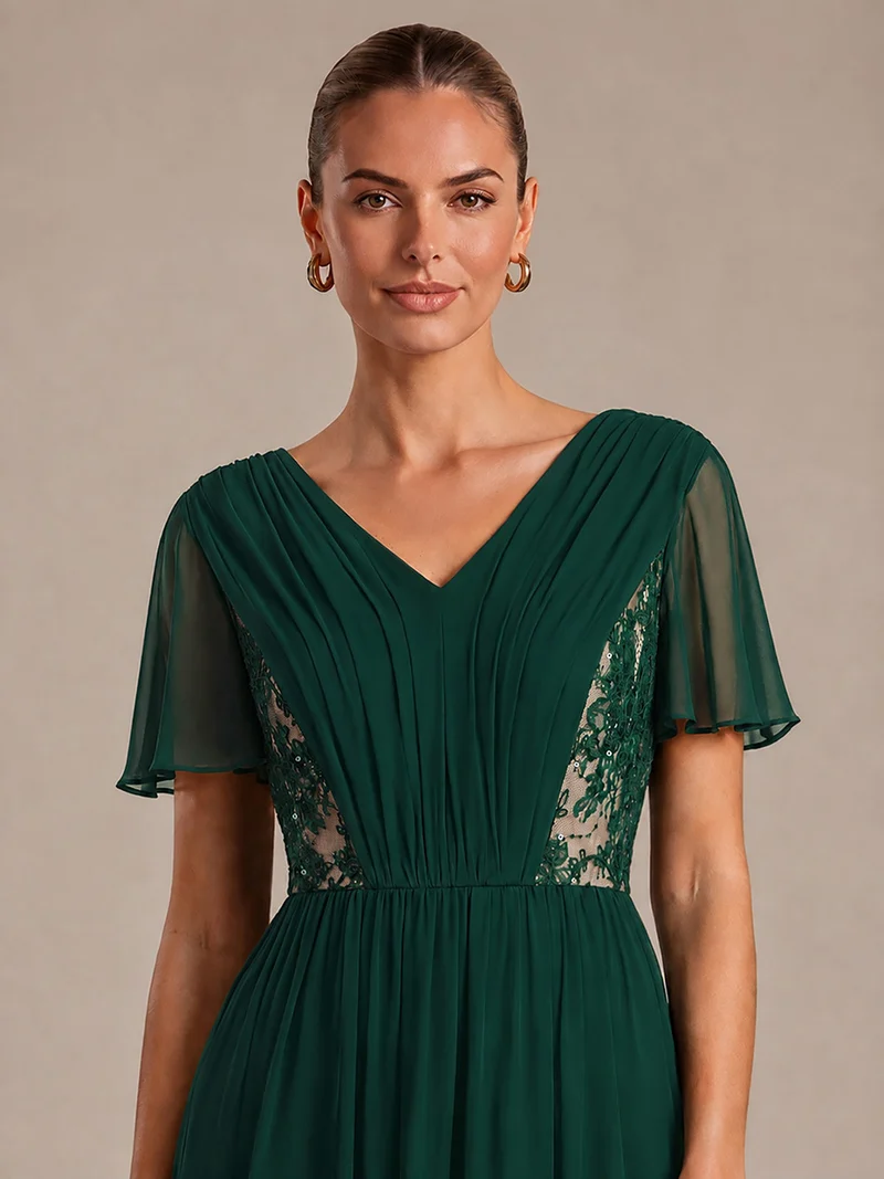 Robe midi plissée en mousseline à manches volantées