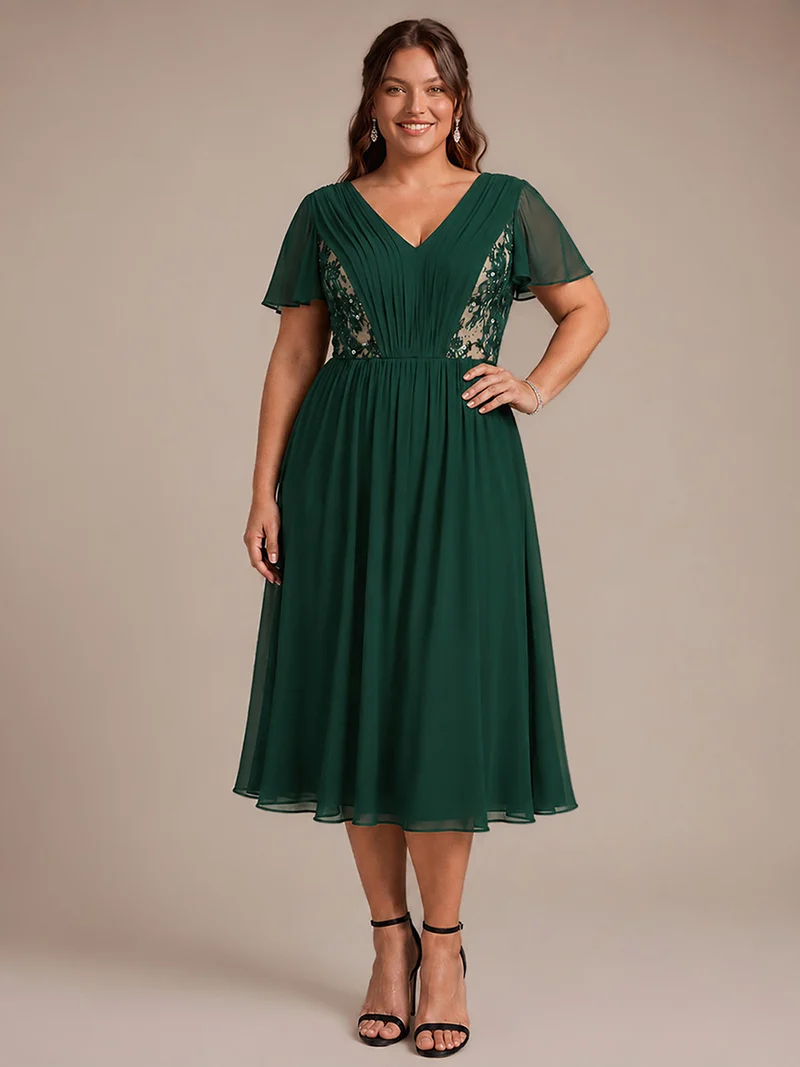 Robe midi plissée en mousseline à manches volantées