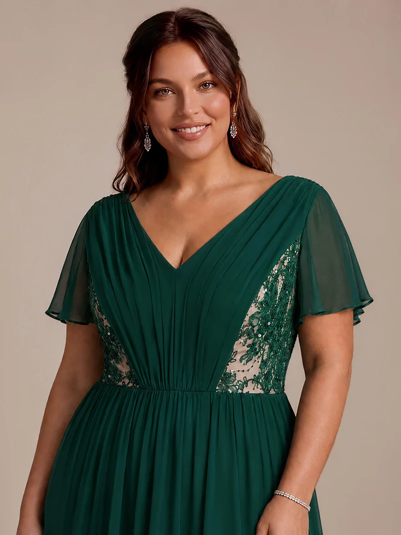 Robe midi plissée en mousseline à manches volantées