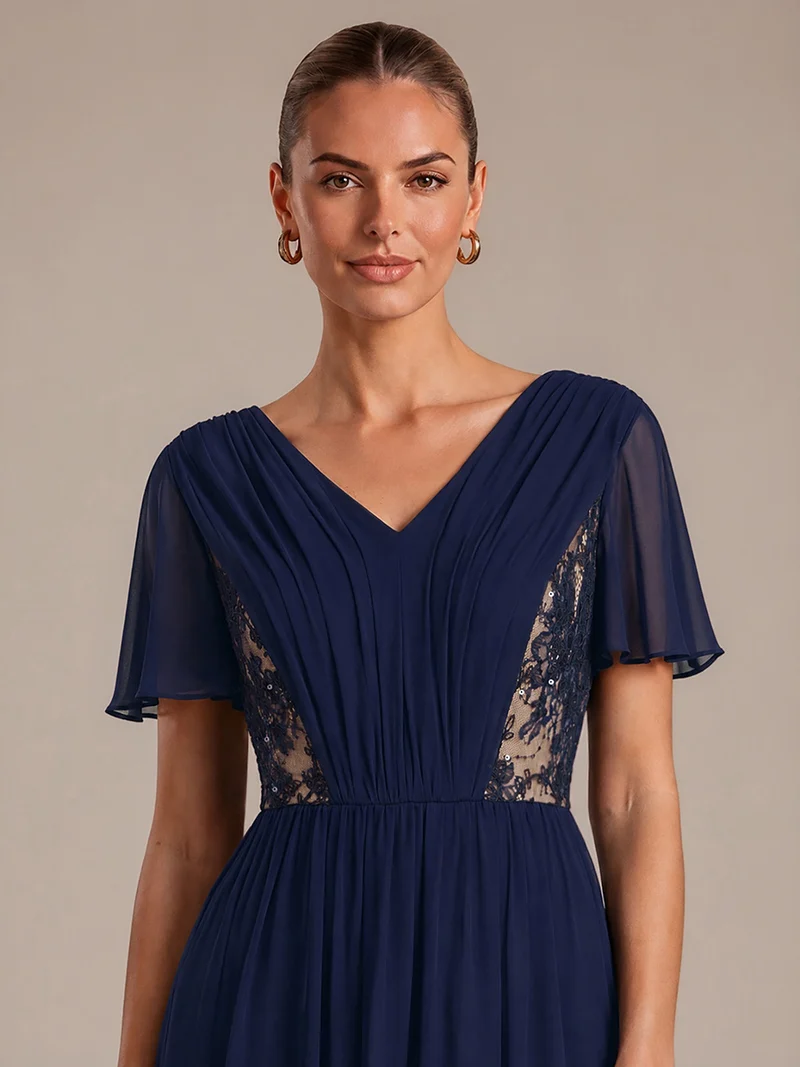 Robe midi plissée en mousseline à manches volantées