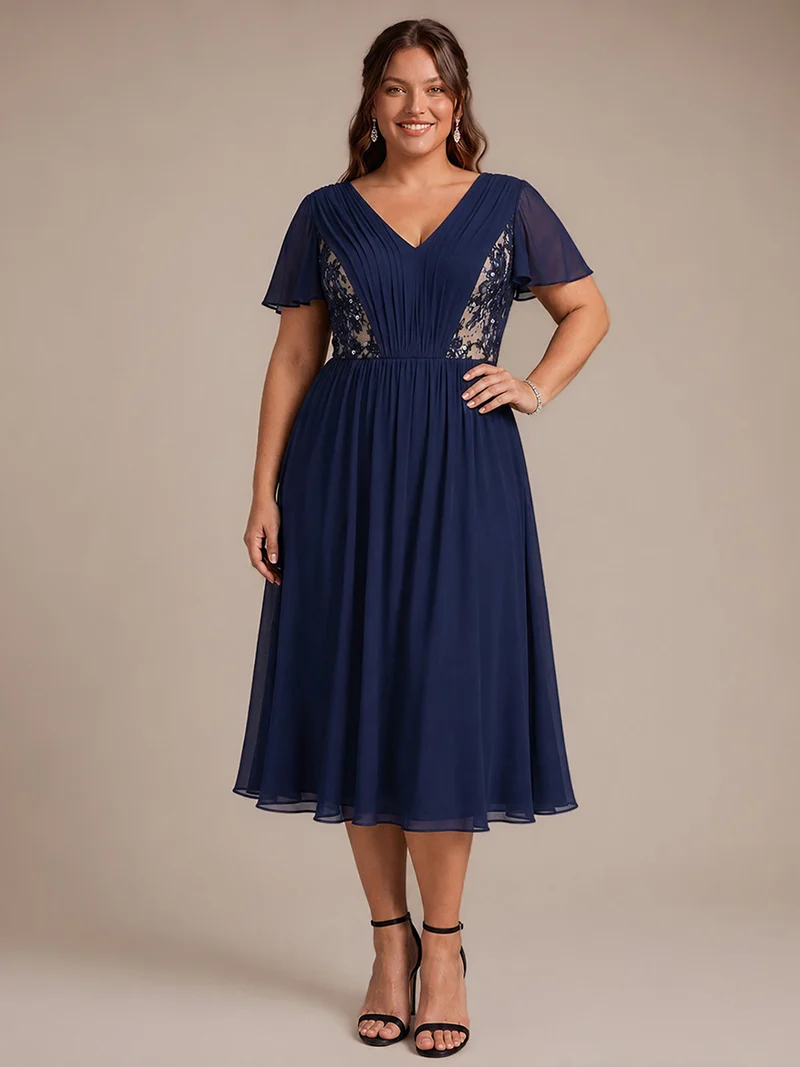 Robe midi plissée en mousseline à manches volantées