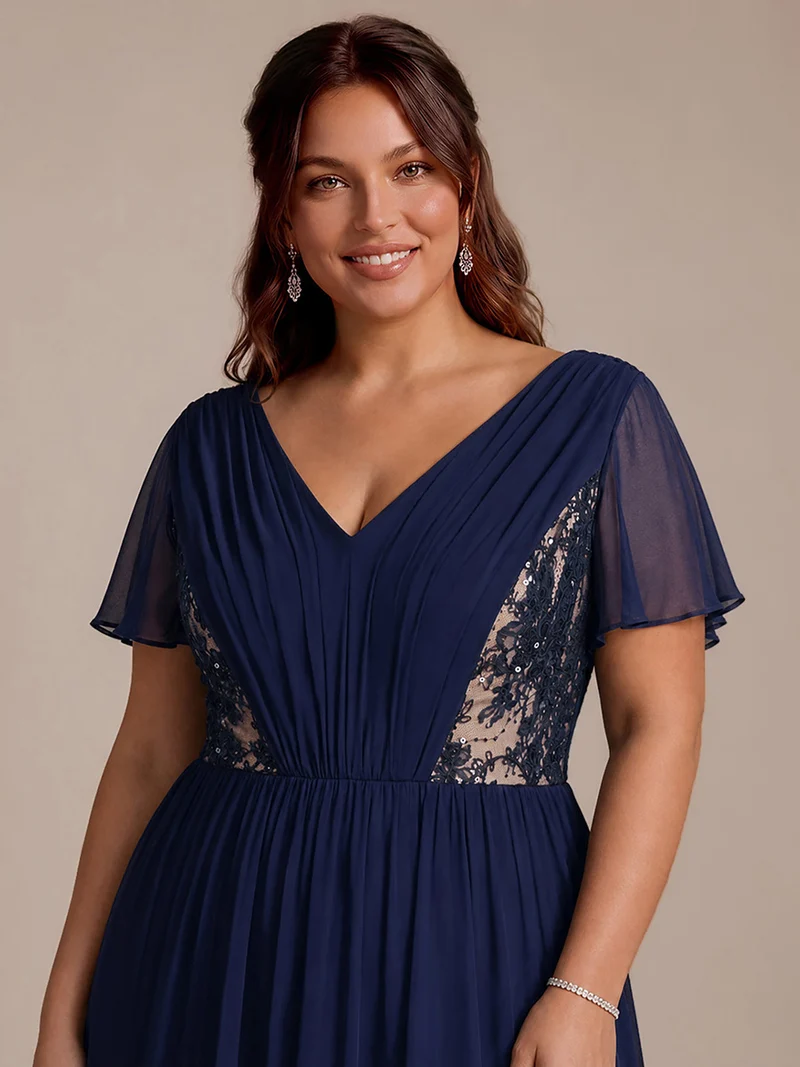 Robe midi plissée en mousseline à manches volantées