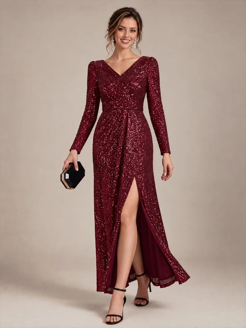 Robe longue à paillettes, manches longues et col V