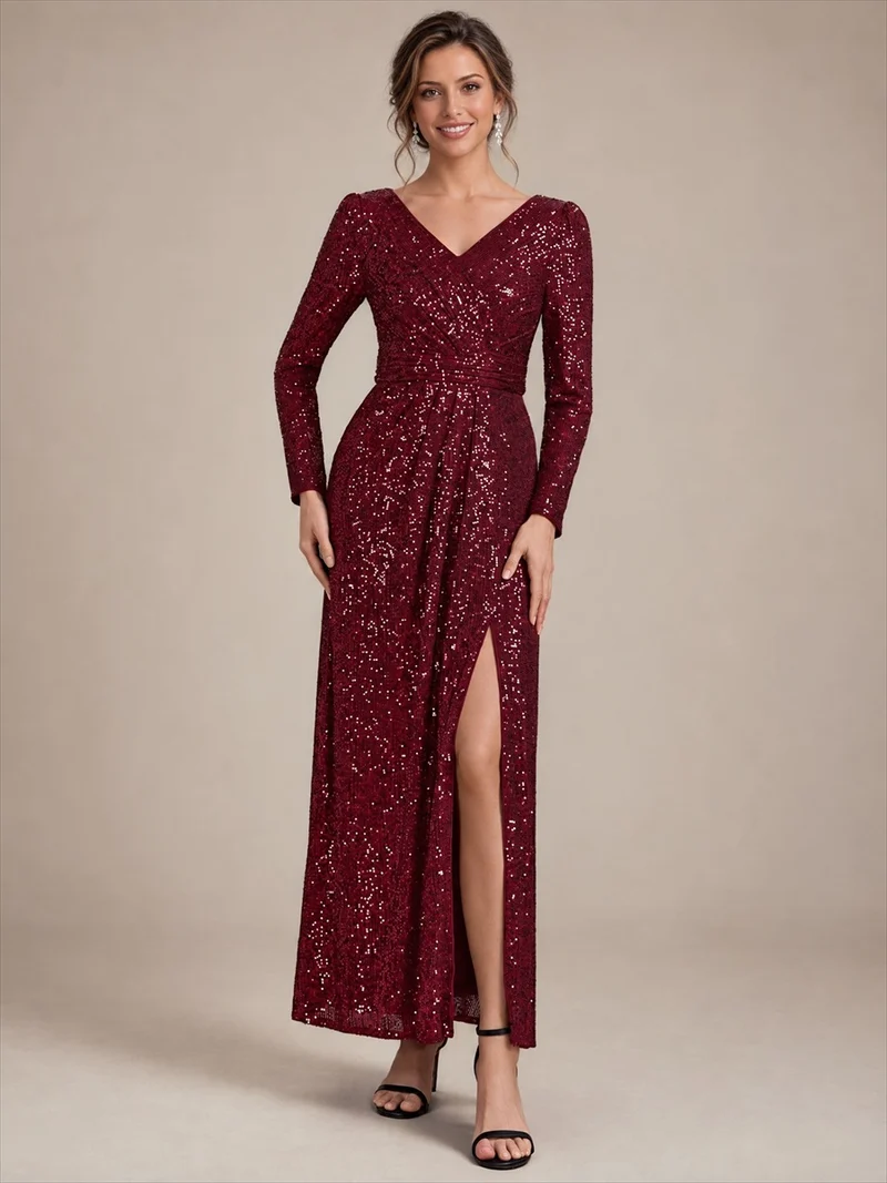 Robe longue à paillettes, manches longues et col V