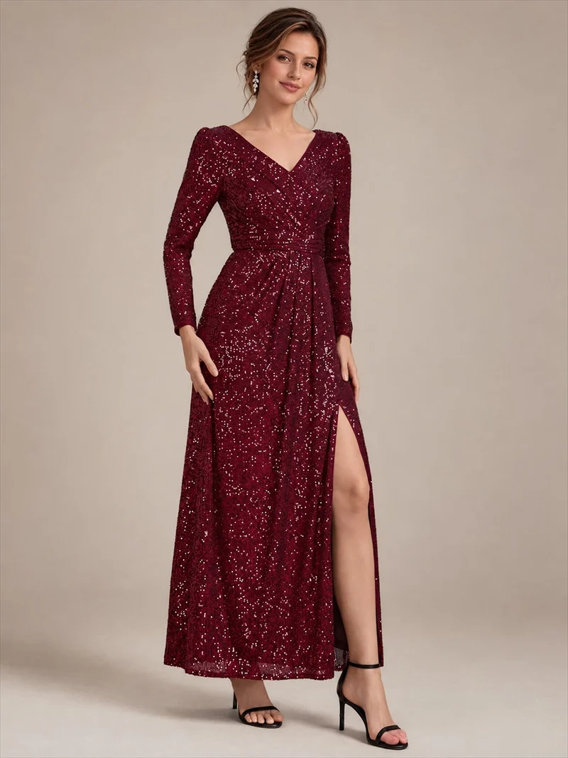 Robe longue à paillettes, manches longues et col V