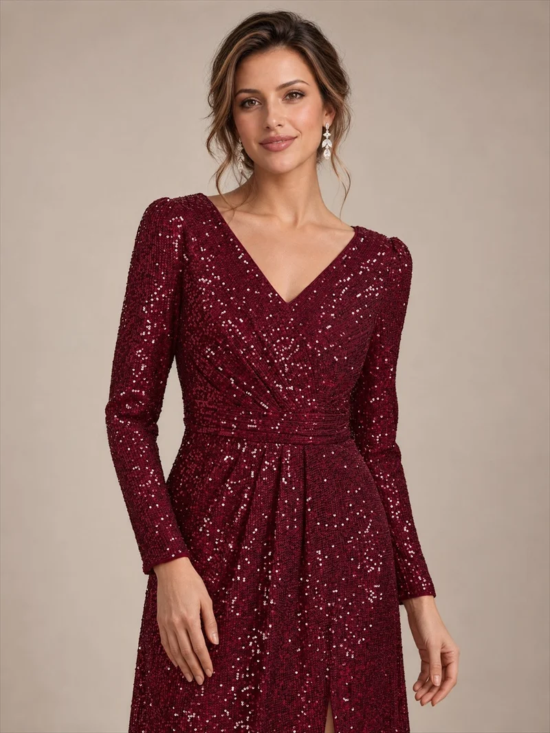 Robe longue à paillettes, manches longues et col V